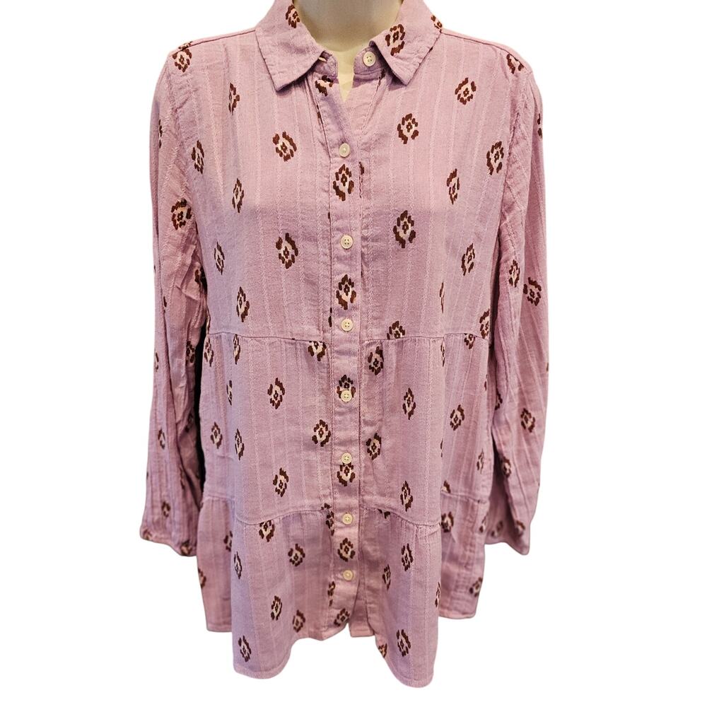 Macy's aztec print tunic shirt babydoll lightweight pink long sleeve button up S